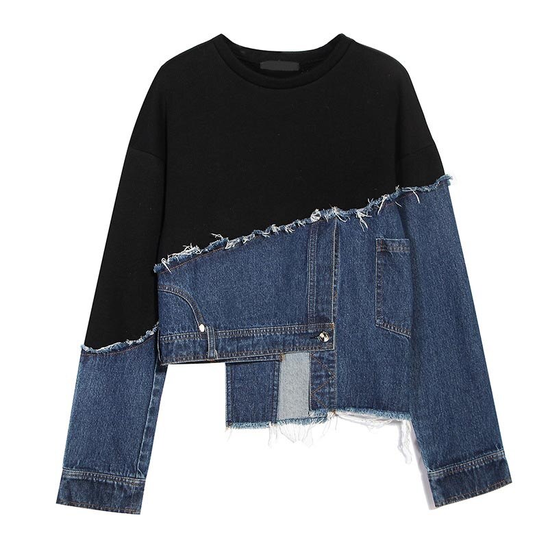 TWOTWINSTYLE, sudadera asimétrica vaquera Pacthwork para mujer, cuello redondo, manga larga, sudaderas con capucha holgadas de Color popular para mujer, novedad de: M