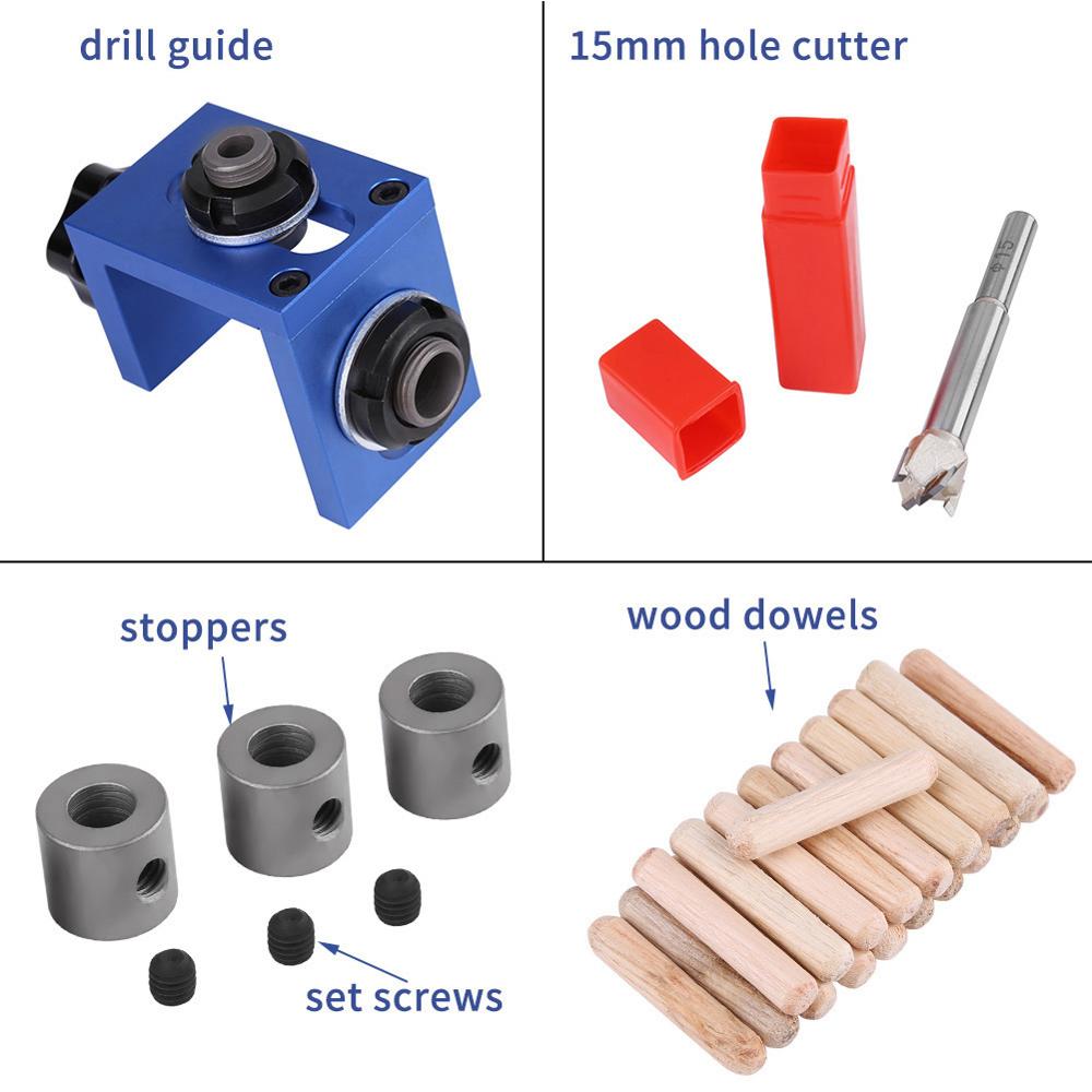 Trebearbeiding boring lokaliseringsveiledning tre dowel hole boring guide jig drill bit kit woodworking snekring stiller verktøy