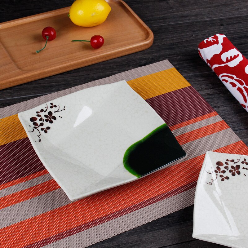 Högkvalitativ kvadratisk plastik maträtt lunch mat godis tallrik bricka porslin lotusblad mönster tårta frukt snack tallrik kinesisk stil