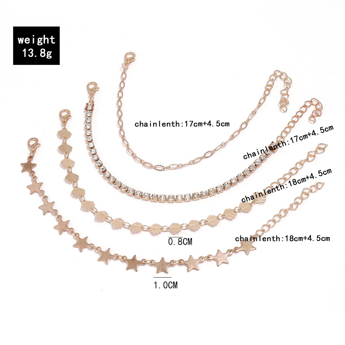 Armbanden met bedels van legering in goudkleur, sterren en schelpen, set van 4 , armbanden met strasssteentjes voor dames, sieraden en handkettingen