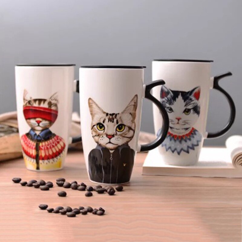 Cool Cat Keramiek Koffie Mok Met Deksel Grote Capaciteit 600mL Dier Mok Drinkware Koffie Thee Cup Met gratis Lepel