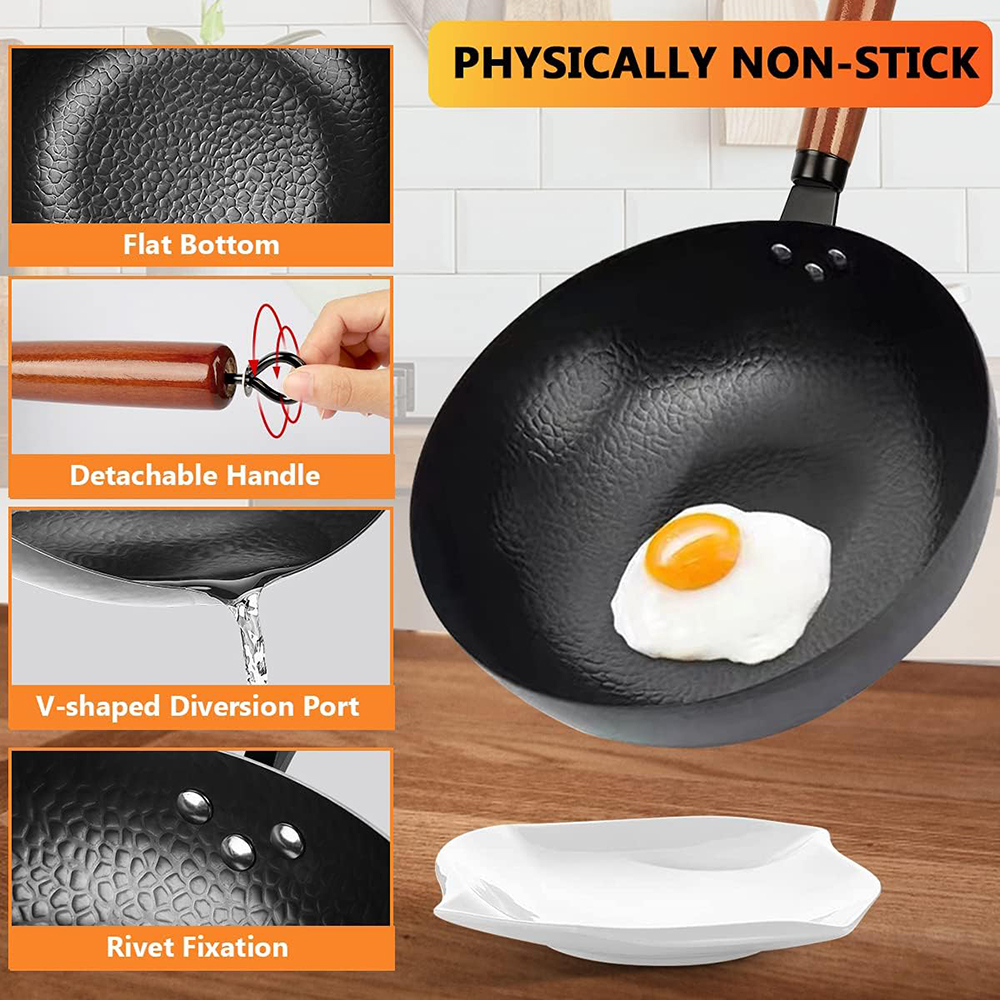 32cm wok-pande i kulstofstål, wok- og wokpander, uden kemikaliebelægning, fladbundet kinesisk wokpande til induktion, gaskomfurer, alle
