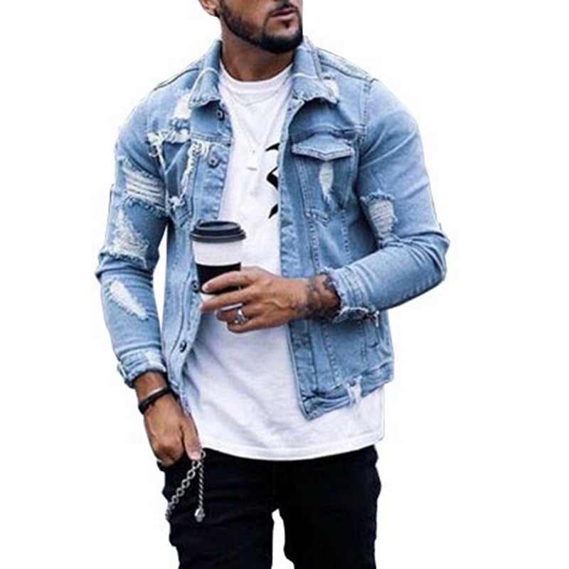 Leather Jacket Blue Ripped Jeans Outfit Men Men Denim Jacket Hole