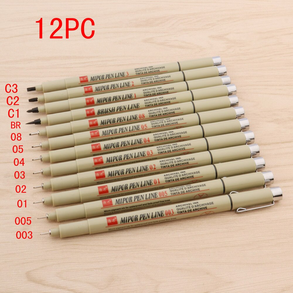 12pc Micron Neelde Soft Brush Drawing Pen Pigment 005 01 02 03 04 05 08 Brush fine point Markers pen Drawing Painting Stationery: 12pc pen