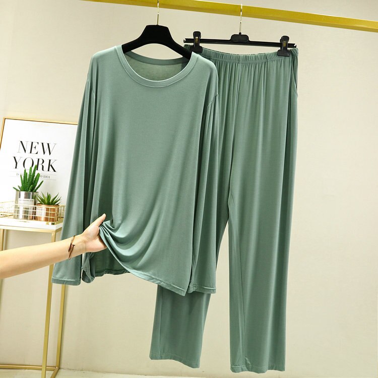 Pijamas modales de manga larga para hombre, ropa de dormir de talla grande 5XL 6XL, para el hogar, primavera y verano, 2022: Bean Green Sets / 4XL(50-70kg)