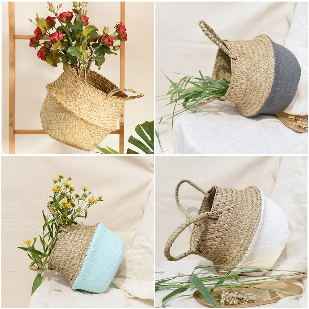 Mini cestas plegables de bambú para almacenamiento, colada, paja, Patchwork, mimbre, algas marinas, vientre, maceta, maceta, cesta hecha a mano