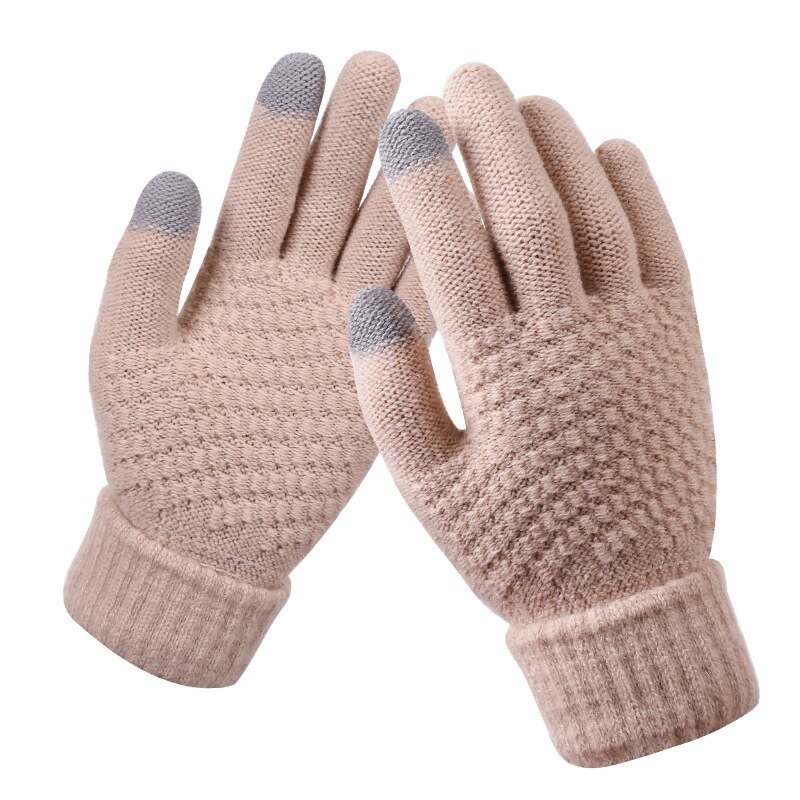 Kvinders cashmere uldstrikkede handsker vinter varm tyk berøringsskærm handsker solide vanter til mobiltelefon tablet pad: Beige