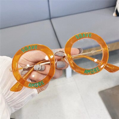 Nuevas gafas redondas transparentes Galsses para mujer, montura de Metal a la para estudiantes, gafas ópticas con letras de personalidad a rayas, gafas informales de gran tamaño: Orange