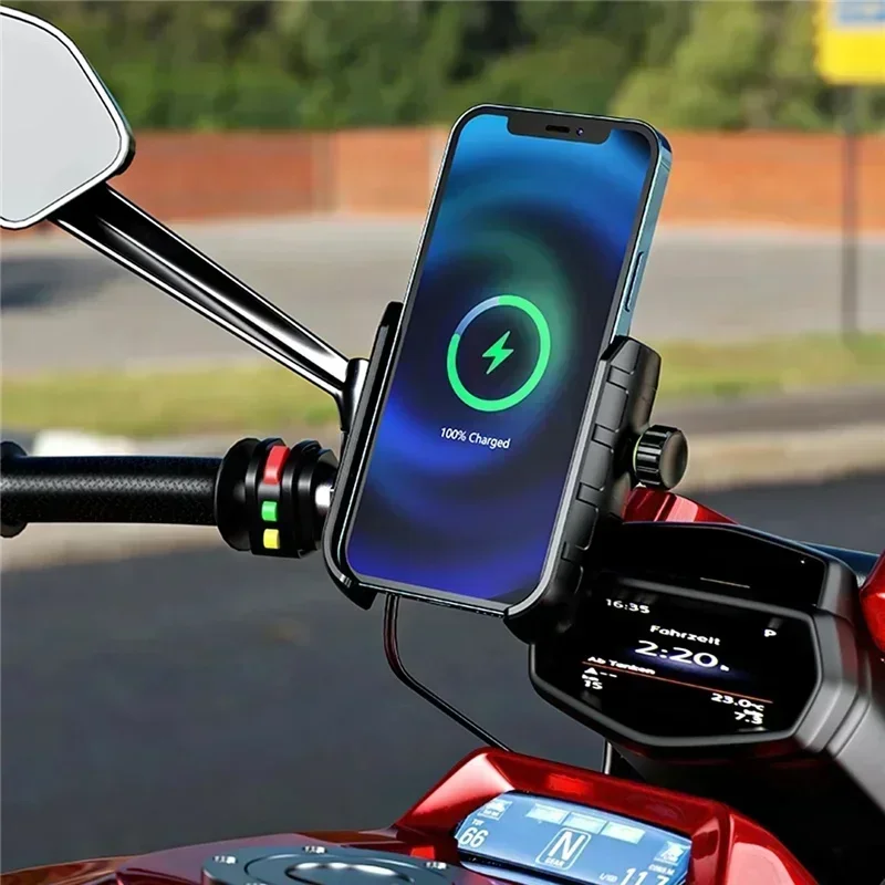 Motorfiets telefoonhouder met draadloze oplader, motorspiegel, mobiele telefoonhouder, usb-snellader, draadloze telefoonhouder