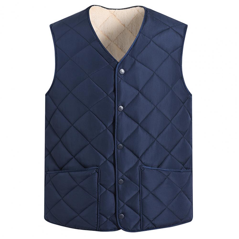 Herfst Winter Heren Vest Effen Kleur Dons Vulling V-Hals Mouwloos Warm Vest Zachte Knoop Sluiting Koud-Proof Zak Jas Vest: L / Marineblauw