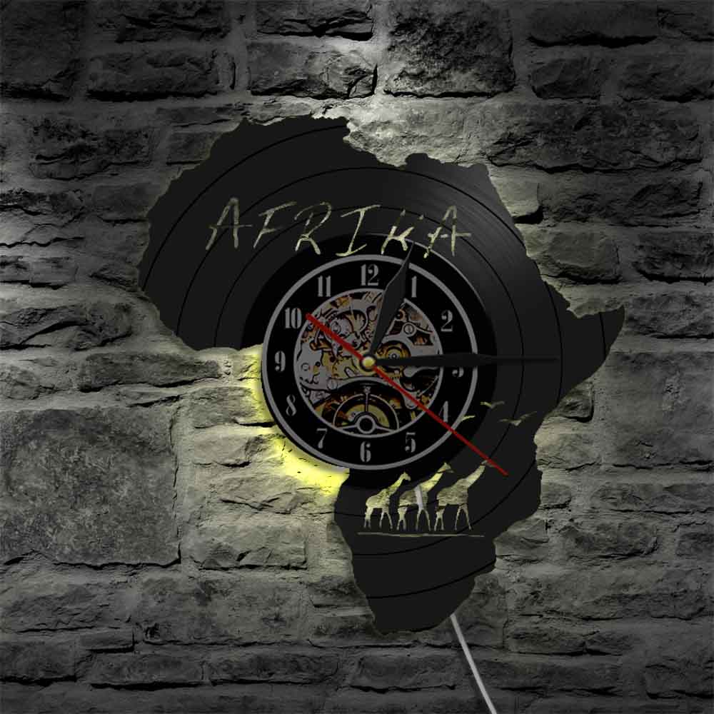 Afrikanische Vinyl aufzeichnen Wanduhr Heimat Dekor Kunst Zauberstab Hängen Uhr Einzigartige Moderne Afrika Karte Silhouette Uhren Mit LED Beleuchtung