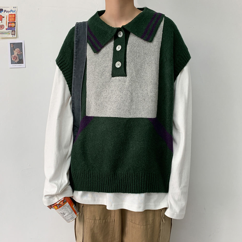 Efterår koreansk sweater vest herre hit farve casual strikket pullover herre streetwear løs herre vest strikke sweatere: Lysegrå / L