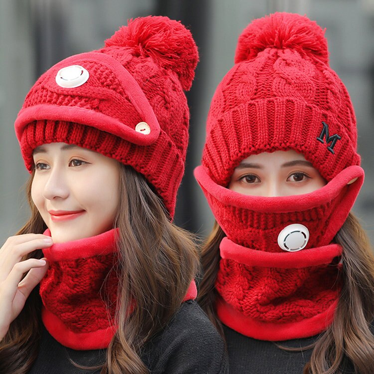 Vinter cykel hat kvinder 3 stykke varme uld beanies skullies hatte med maske krave hagesmæk kvindelig fløjl tykke anti-smogknit hætter: Burgunder