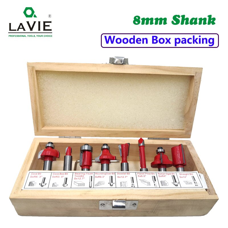 Lavie 8 Stuks 8 Mm Frezen Set Trimmen Flush Bit Rechte Frees Voor Hout Bit Tungsten Carbide Houtbewerking sets 02006-8: Wooden Box Packing