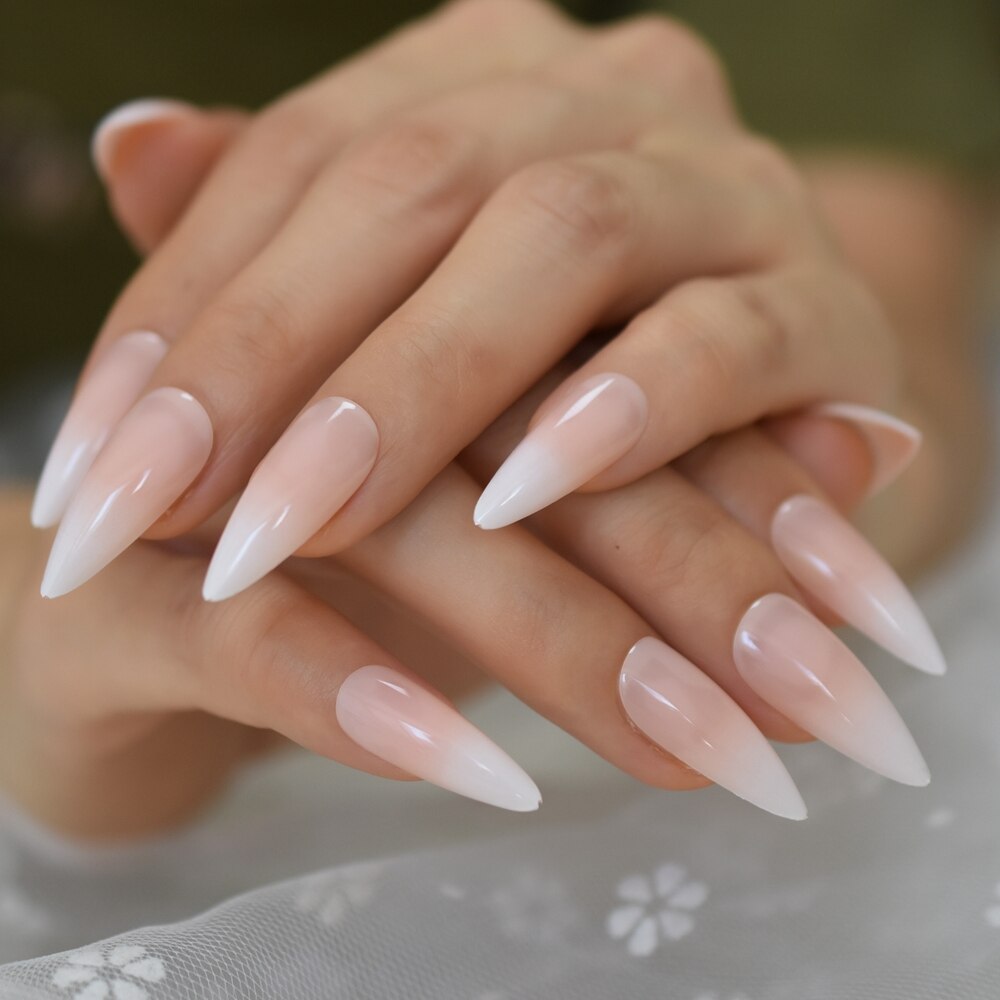 Ekstremt spiss faux ongles hvit ombre naken fransk spiker tips lang stiletto abs gel negler sett 24 ct: L5695