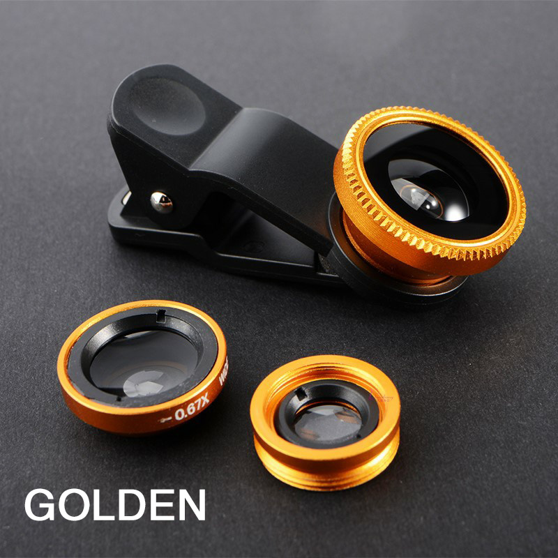Kit de lentes de câmera de telefone 3 em 1, lentes olho de peixe para celular, zoom 0,67x, grande angular, macro hd, lente de câmera universal para todos os smartphones: Dourado