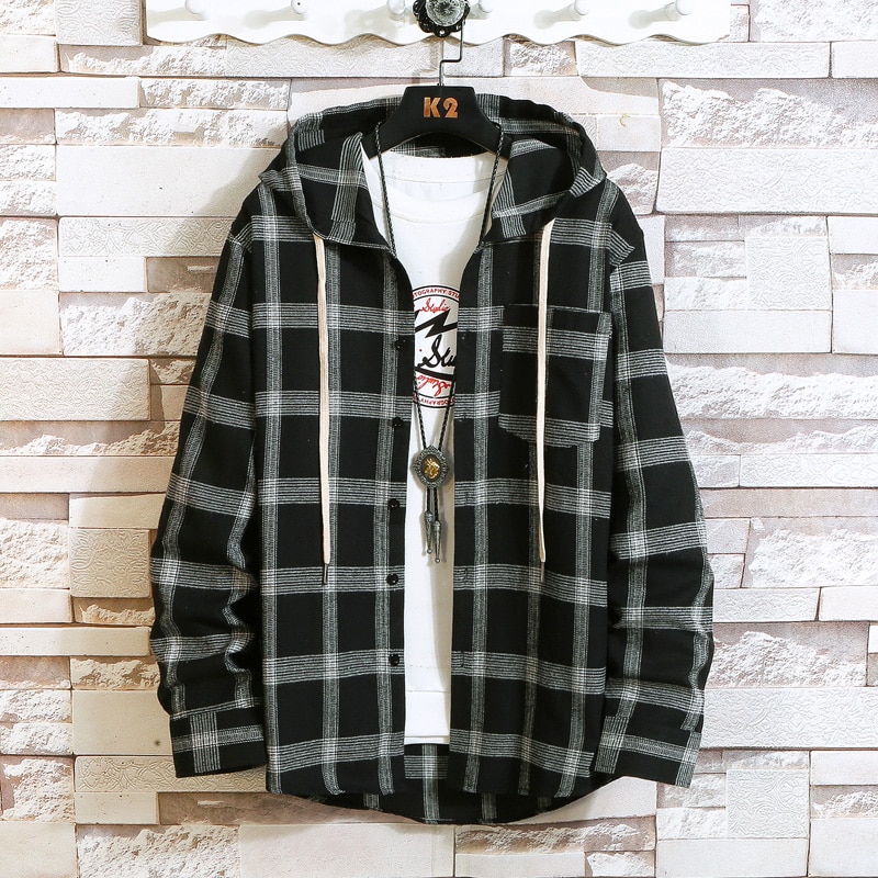 Plaid Style Autumn Spring 2022 With Hoodie Men‘s Hip Hop Punk Shirt Flannel Casual Clothes