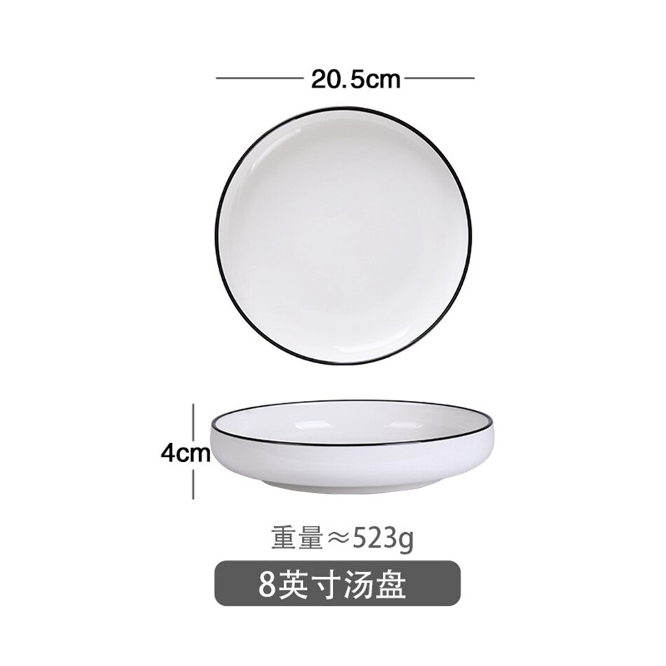 Europese stijl keramische serviesset borden eenvoudig zwarte rand zwarte lijn servies kommen en schalen restaurant diner: 8- inch soepbord