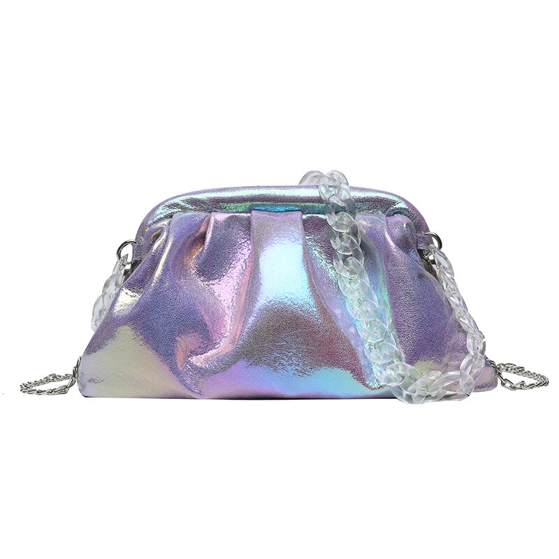 Borsa a tracolla a nuvola olografica per donna pieghe a catena elegante pochette borsa da sera per ragazza mini borsa a tracolla di lusso: S-purple