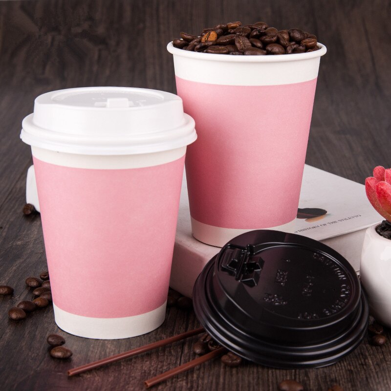 50pcs Pink thicken disposable coffee cup party wedding birthday favor drink paper cup cute takeaway packaging cups with lid