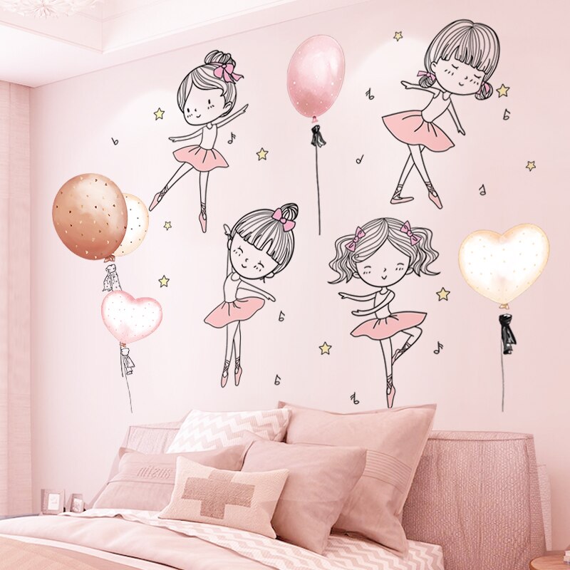 SHIJUEHEZI-pegatinas de pared de bailarinas para niña, globos de dibujos animados artesanales, calcomanías de pared para habitación de niños, dormitorio de bebé, Decoración de casa: balloons and girl 1