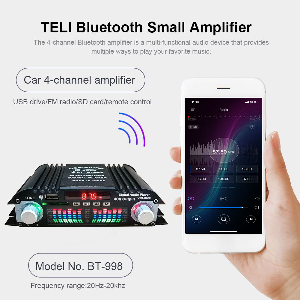 1600 W Spitzenleistung Digitaler 4-Kanal-Audioverstärker FM-Radio USB Bluetooth-kompatibel Mini HIFI Digitaler Stereoverstärker Fernbedienung