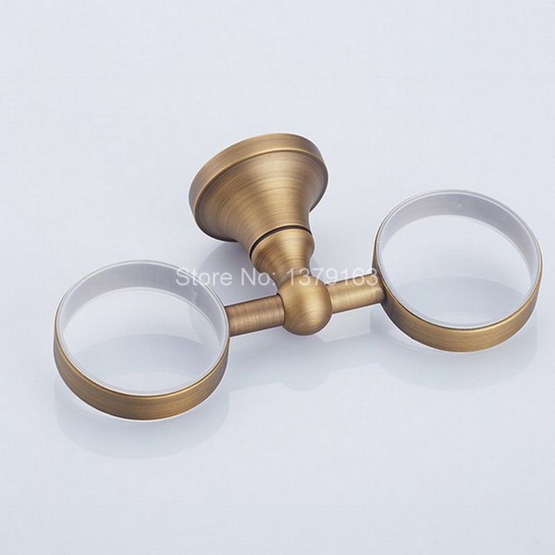 Retro antieke bronzen vintage messing badkamer badbekerhouder met dubbele keramische beker wandmontage aba 145