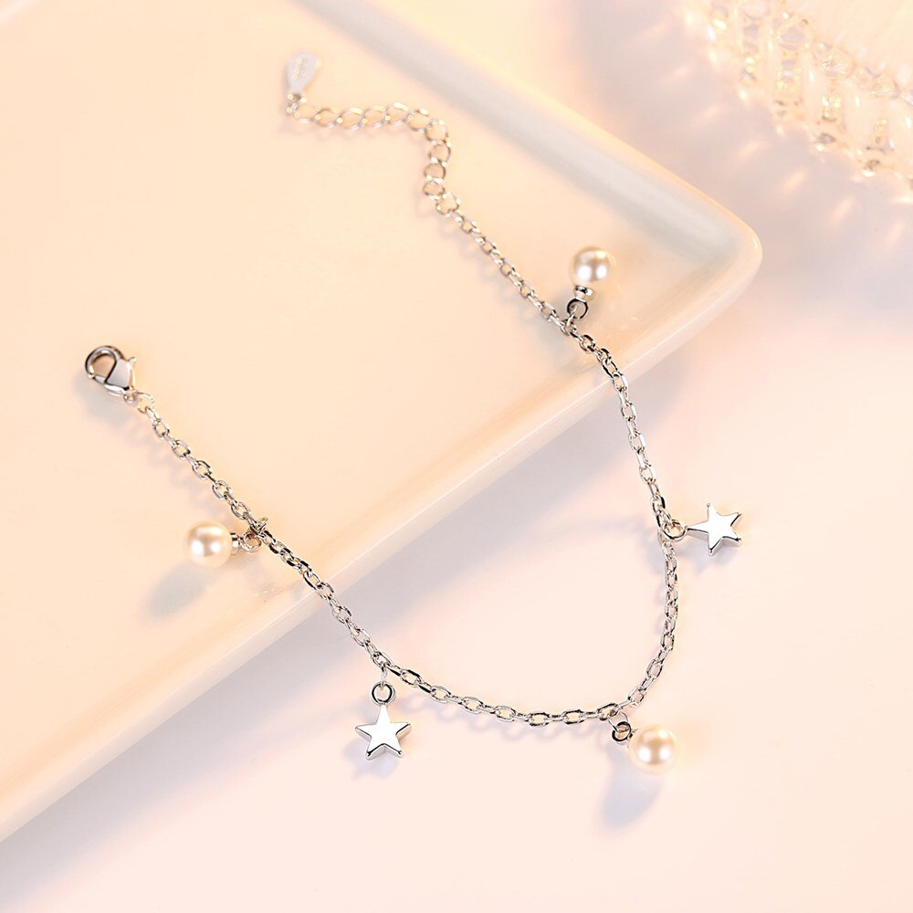 Nehzy 925 sterling sølv armbånd smykker kvinde retro femkantet stjerne perle armbånd længde 21cm
