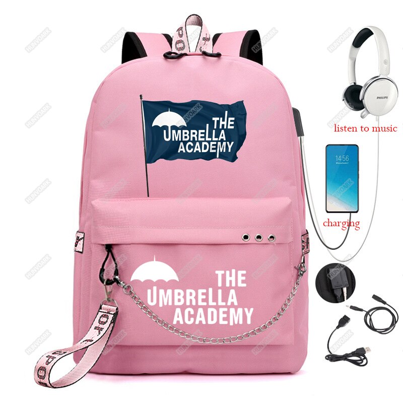 The Umbrella academy USB Backpack Women Men Teenager School Bag Women USB Travel Rucksack Large Mochila Escolar With Chain: Pink-6