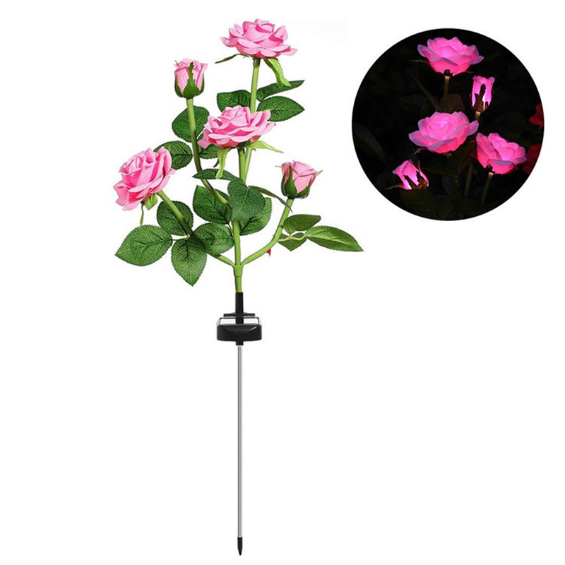 Solcelle Rose Blomsterlampe LED - Vandtæt Have Dekoration Udendørs - Landskab Græsplæne Lampe: Pink -5 hoved