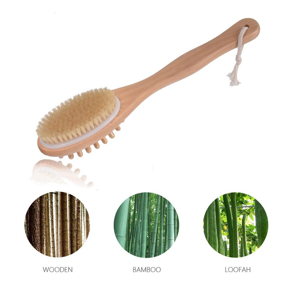 Large Long Handle Wooden Shower Brush With Detachable Bristle Head - Body Scrub & Massager