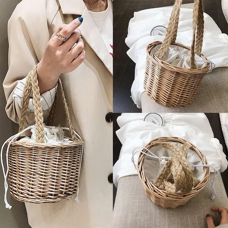 Women Woven Straw Bucket Handbag Lady Summer Beach Mini Bags