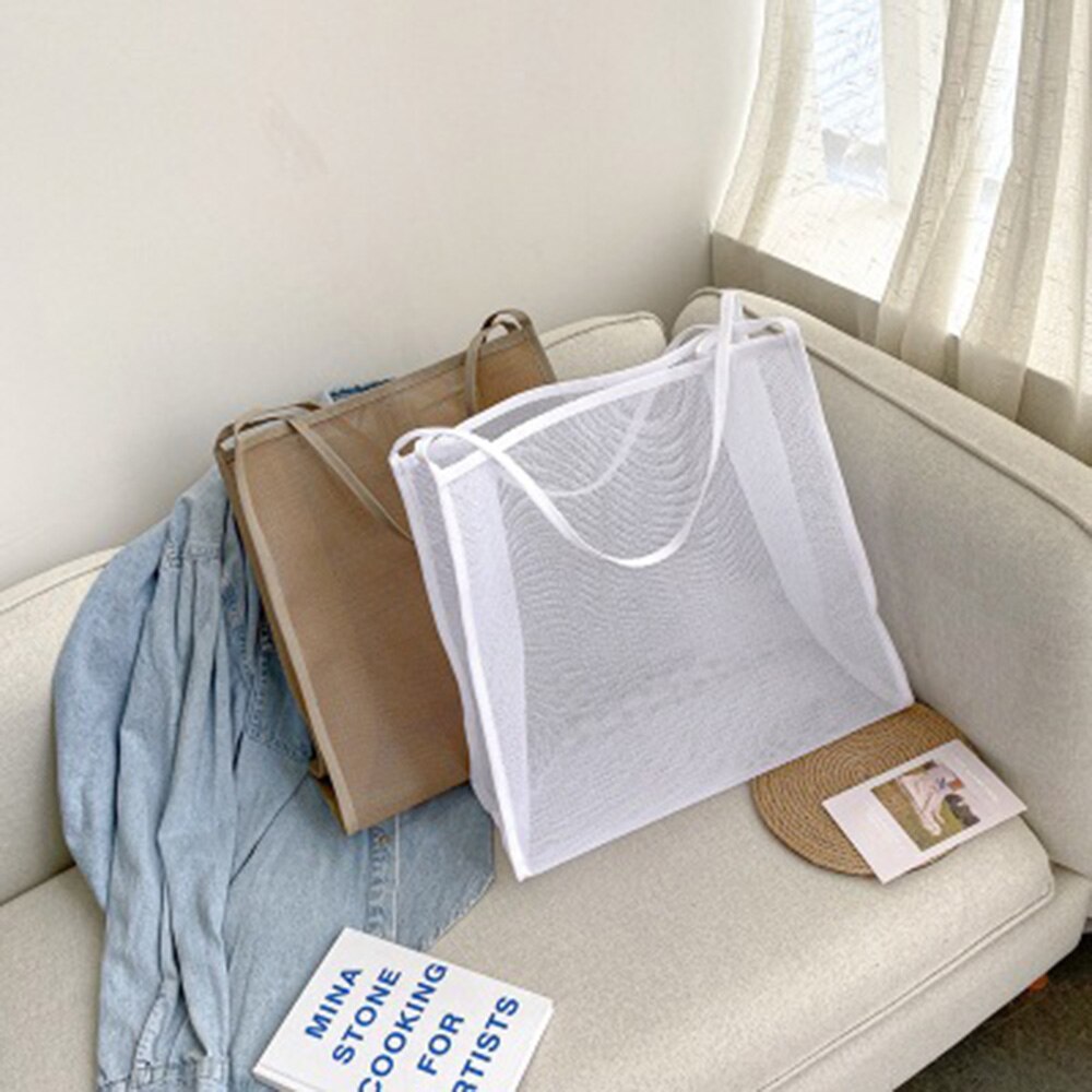 Women Travel Wash Mesh Handbag Summer Toiletry Shopping Bag Tote Bag Organizer Pouch Makeup Transparent Bag