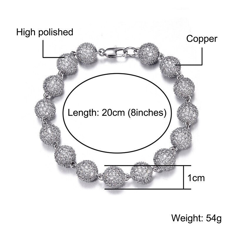 Hip Hop 10MM Bling Iced Out Round AAA CZ Stone Cubic Zirconia Chokers Bracelet For Men Women Jewelry