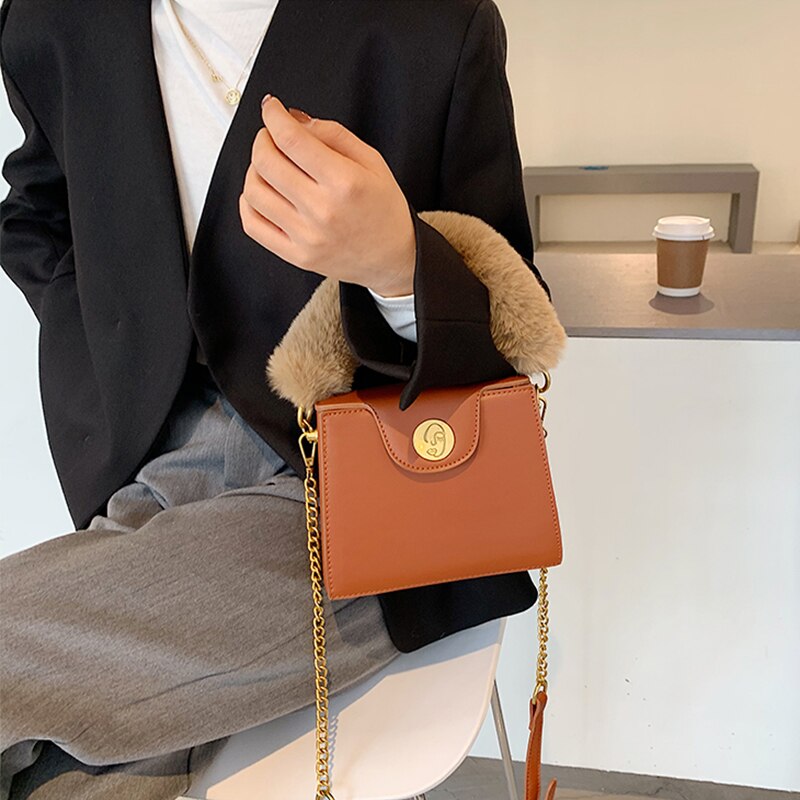 Miękki pluszowy zimowy uchwyt dużego ciężaru torba modny projektant kobiet torba na ramię wysoki sens łańcucha torba typu posłaniec rozrywka pani kopertówka