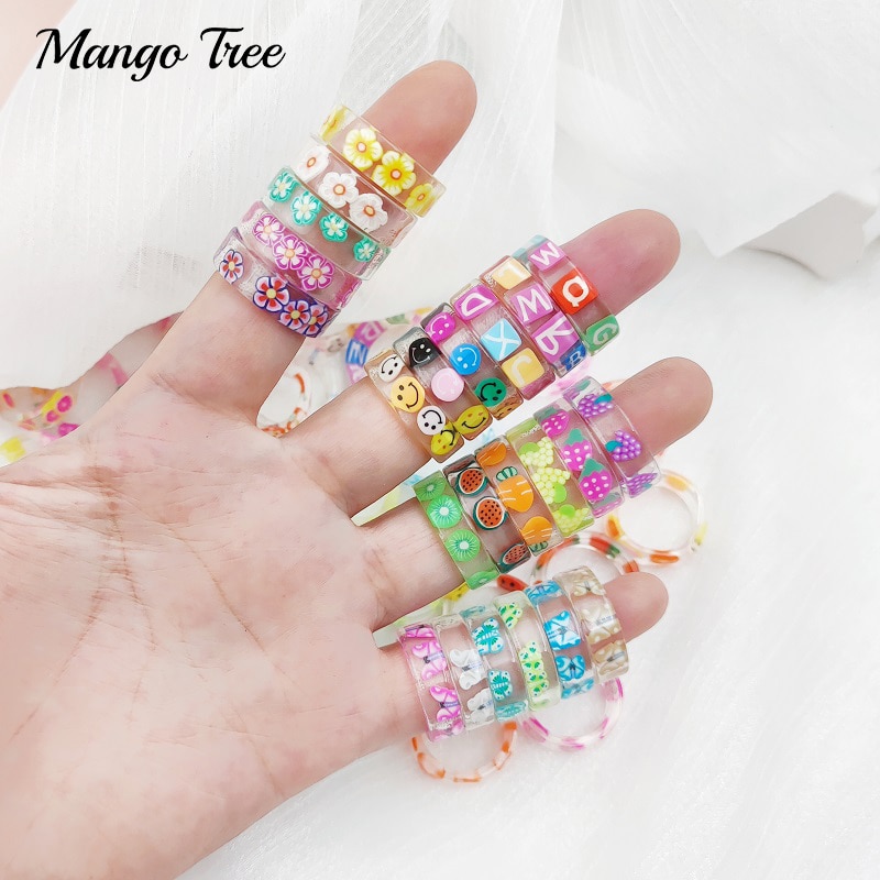 anillos mujer alianzas de boda pareja anillos aesthetic anillo mujer anillos tous 20 piezas / lote color transparente resina acrílico anillo mujer niña flor mariposa sonrisa carta impresión joyería al por mayor
