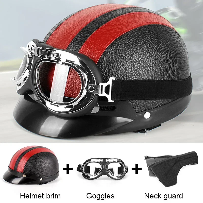Classic Stripe Motorcycle Safety Helmet Men Women PU Leather Vintage Motor Electric Scooter Goggles Half Helmets