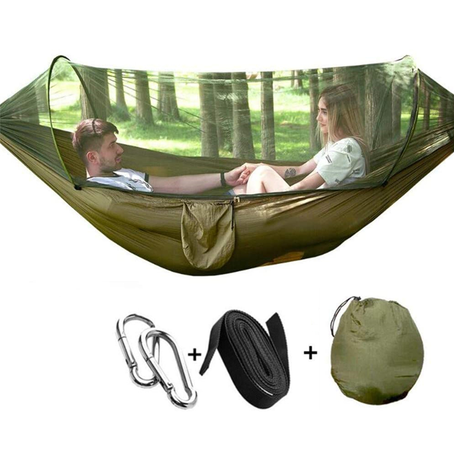 Campinghängmatta med myggnät popup-ljus bärbar utomhus fallskärmshängmattor gunga sovhängmatta campingprylar