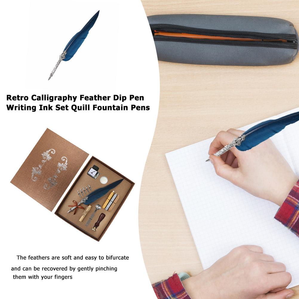 Bewinner Klassieke Onderdompeling Veer Handgemaakte Kalligrafie Vulpen, Retro Feather Dip Pen Inktfles Set met 3 Dip Pen Nips, Perfecte Cadeaus voor Vriendje Familie Kinderen (Zwart