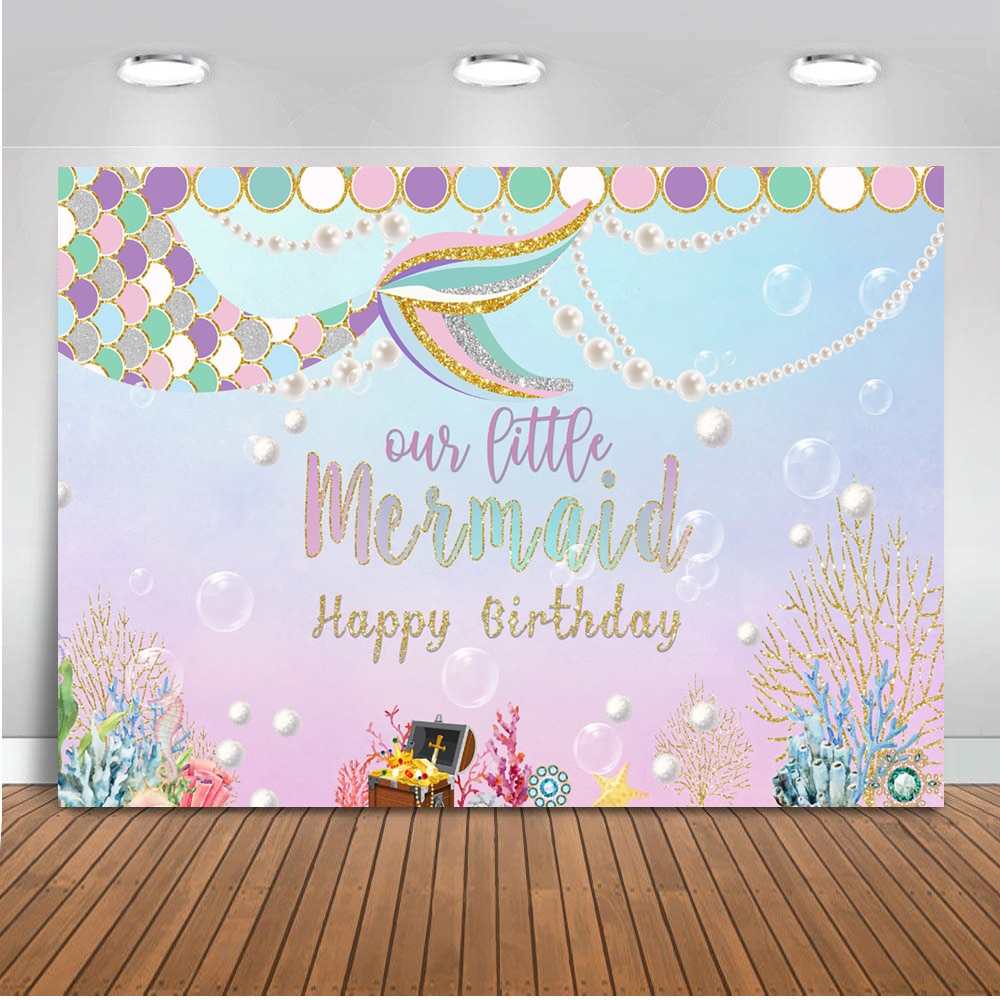 Little Mermaid Backdrop for Birthday Under The Sea Photography Background Rainbow Scales Gold Glare Glitter Pearl Baby Birthday