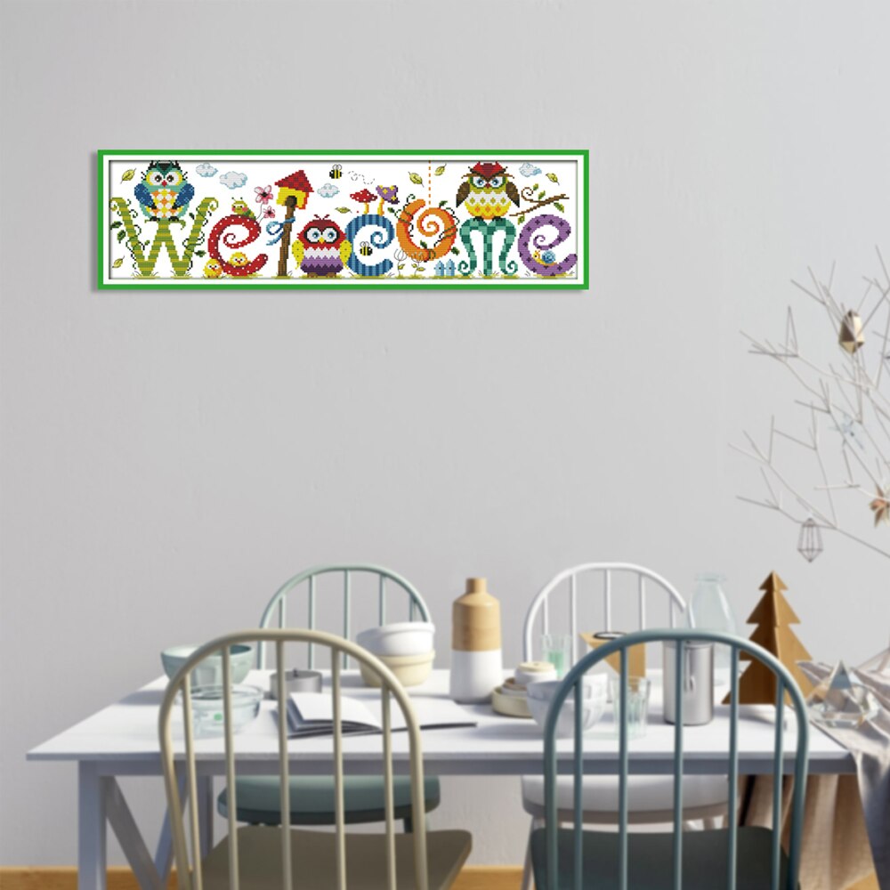 Le hibou bienvenue carte motif point de croix Kit broderie croix couture Kit de couture avec fil de tissu aiguille maison mur décor