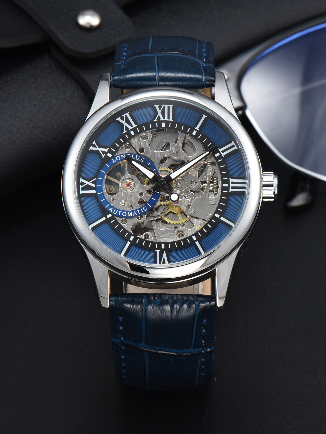 Reloj Automático LONGLUX, , relojes de pulsera mecánicos, reloj de cuero hueco resistente al agua para hombre, para hombre