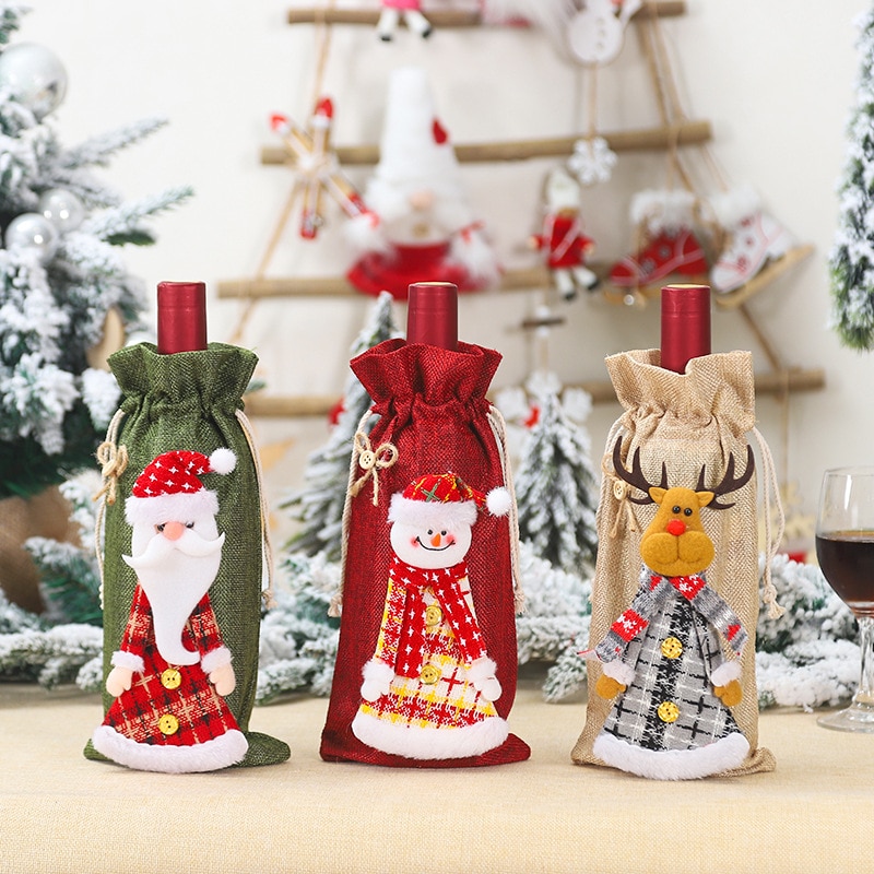Jul vin flaska täcka väska tomte tecknad kjol docka säckväv vin flaska täcka jultillbehör