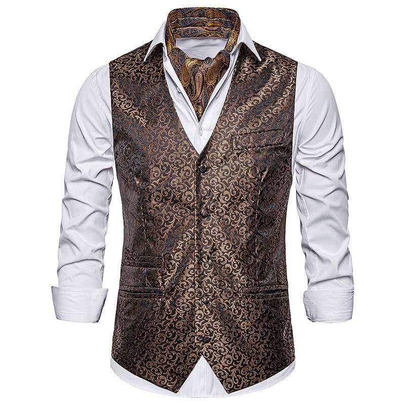 Heren casual zakelijk pak vest heren merk wit paisley jacquard vest heren feest bruiloft gilet kostuum xxl: Koffie / Xxl