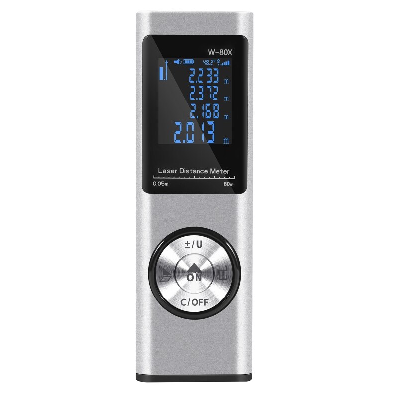 80m Aluminum IP54 4 Measurement Units Digital Infrared Ray Distance Meter Rechargeable Waterproof Dustproof Fallproof: Silver