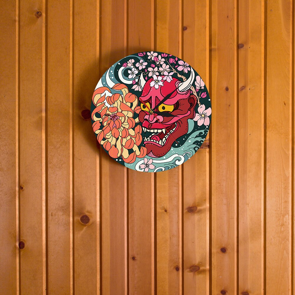 Gothic Style Red Oni Demon Mask Acrylic Wall Clock Japanese Dragon Peony Flower Wall Art Japan Sherpa Evil Home Decor Timepiece