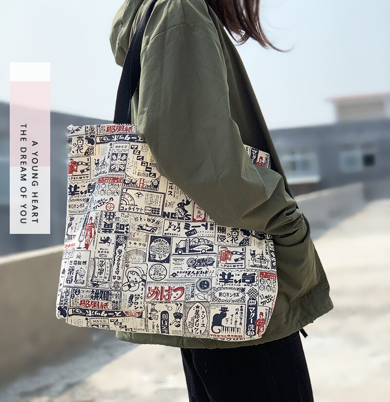 Stor kapacitet lærred skuldertaske til kvinder øko indkøbstasker japansk vintage bomuldsstof tote taske håndtasker stor shopper