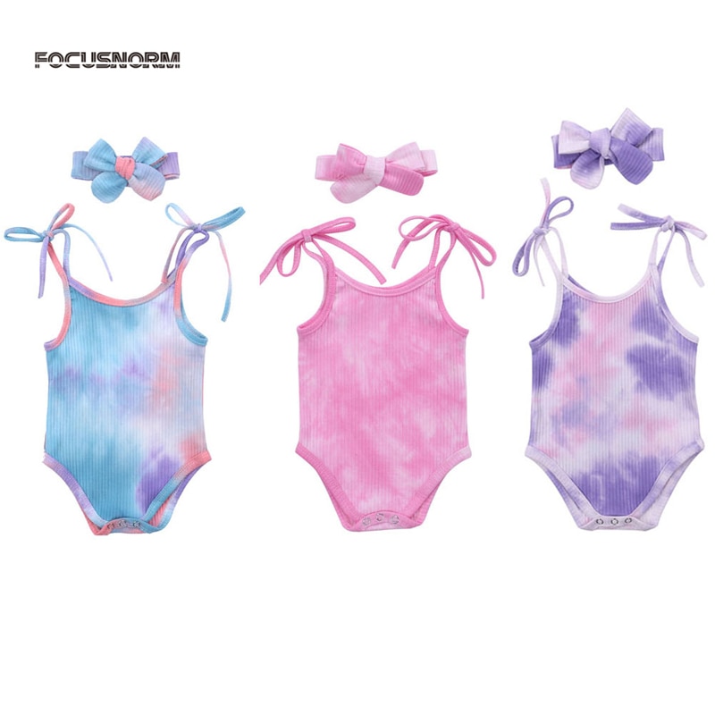 Focusnorm 0-24M Tie-Dye Baby Baby Meisjes Jongens Bodysuits Hoofdband 2 Stuks Gedrukt Mouwloze Riem Jumpsuits
