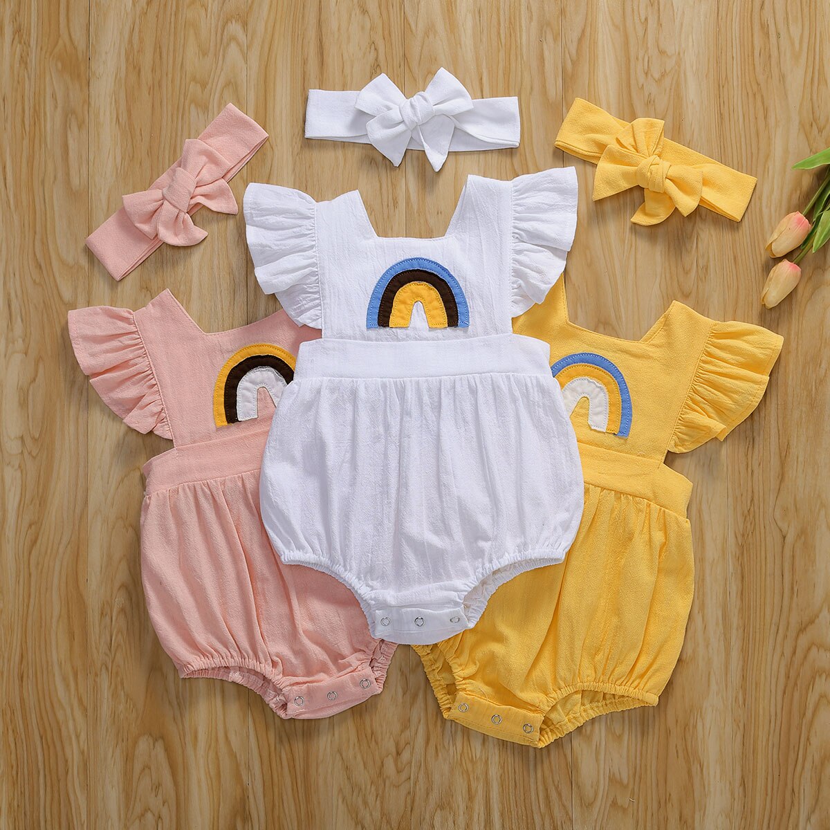 Body imprimé arc-en-ciel pour bébés filles | Tenue pour bébés filles 0-24m, manches courtes, solide, combinaisons à volants 3 couleurs