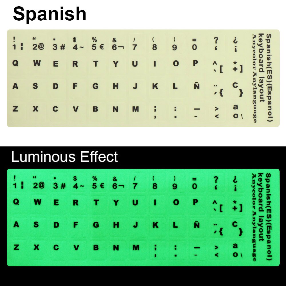 Luminous Keyboard Stickers Spanish/English/Russian/Arabic/French Language Letter Protective Film Alphabet Button Layout: Spanish